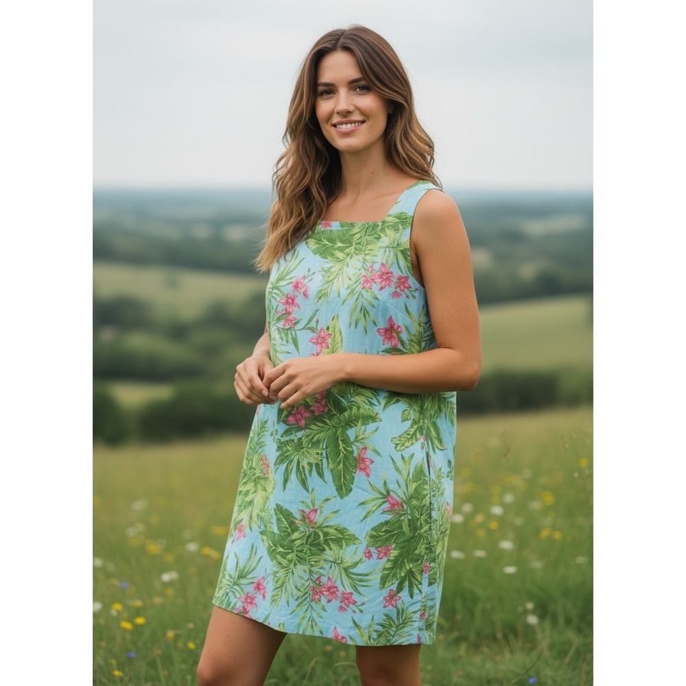 Jones New York Dress Womens Size 12 Linen Hawaiian Floral Tropical Beach Mini